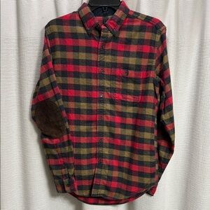 J Crew Men’s Flannel Plaid leather patch‎ elbows SZ S  Olive/red/black Gorpcore